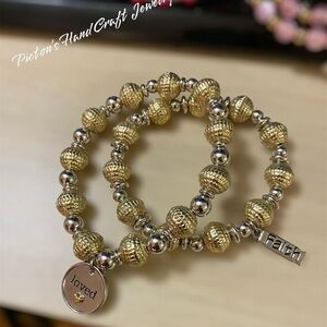 Gold and Silver Layered Bracelet Set with Charm